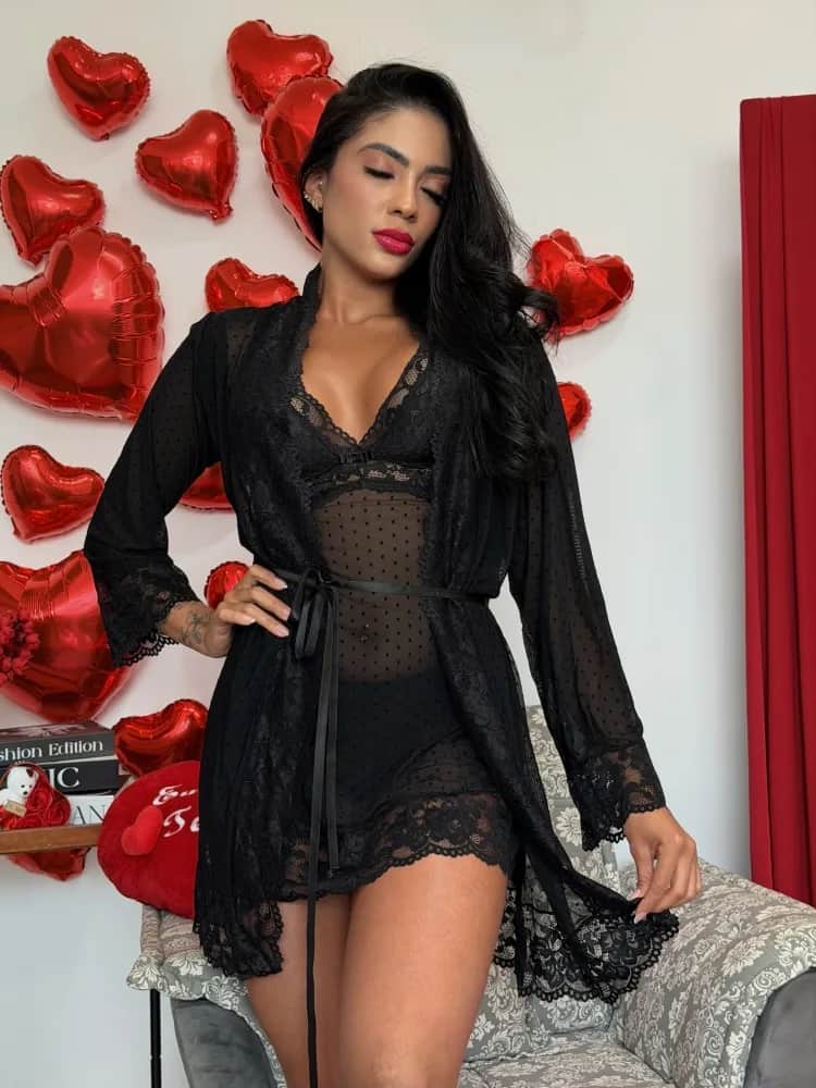 Kit Karina No Tule Poa Camisola Calcinha Robe 18
